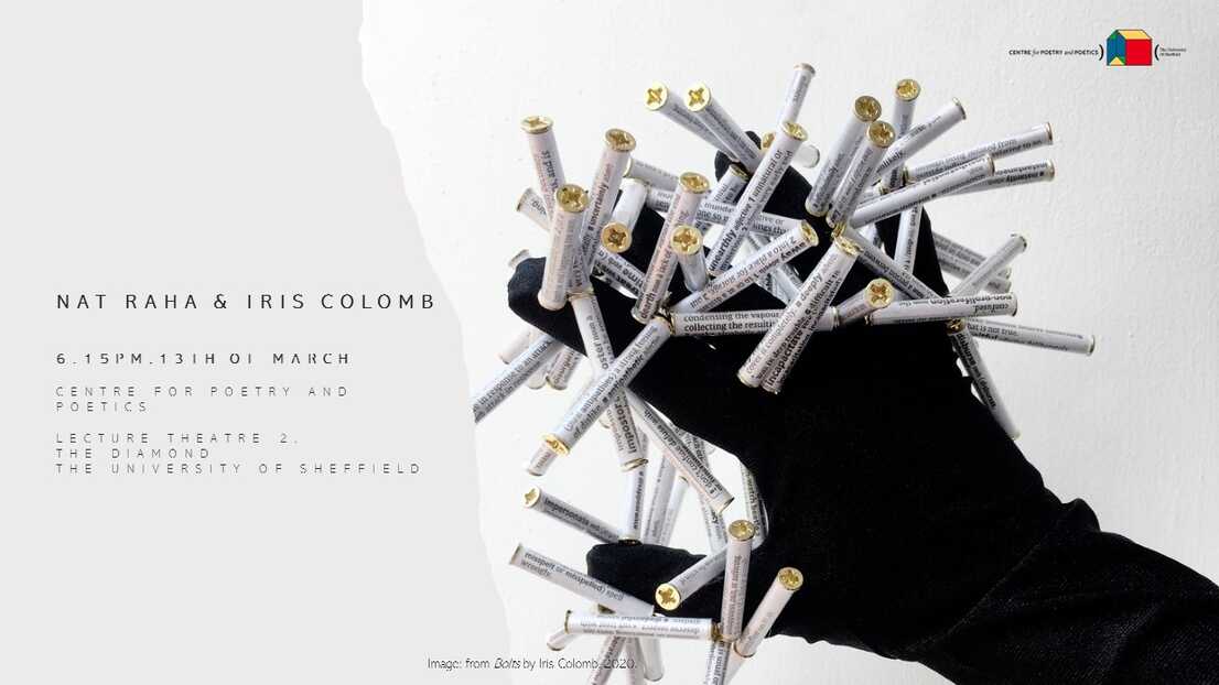 Graphic reading 'NAT RAHA & IRIS COLOMB, 13th of March, 6.15pm. LT2, The Diamond, University of Sheffield'