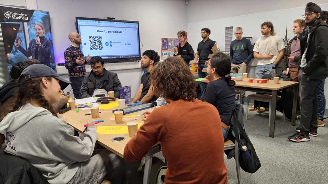 Groups of students talking in start-up studio