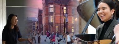 blended image showing language teaching, musical performance on a balalika, and the jessop building