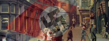 A photograph of Birmingham highstreet in 1960 is overlayed with a transparent graphic of a swastika