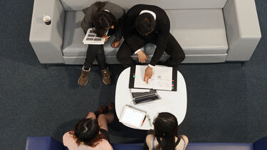 Overhead view of students on sofas