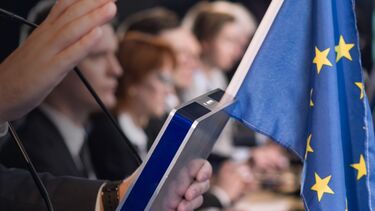 image of someone presenting at a political conference, EU flag in the background