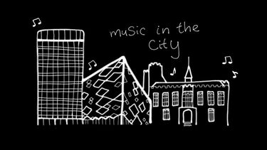 Black Logo white buildings 