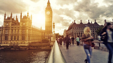 People crossing Westminster Bridge. 