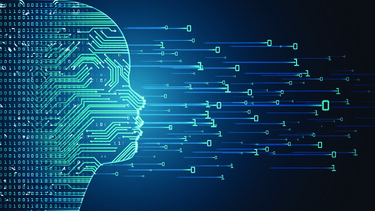 Stock image - big data and AI concept in form of child face outline with circuit board and binary data flow