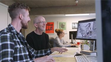 A computer screen shows a CGI visual reconstruction of Sheffield Castle.