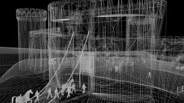 An augmented reality reconstruction of Sheffield Castle shows computer-generated figures and horses crossing a drawbridge to the castle.