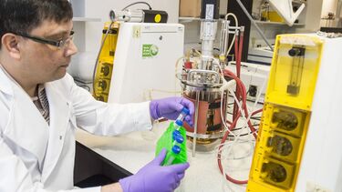 A male engineer working with electrical equipment in the advanced biomanufacturing centre. 