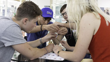 Students working on a team building task