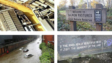 The canal flowing yellow through Sheffield as a result of pollution. Many sites along the catchment's rivers are now nature reserves. Cars are swept away by floodwater in Sheffield, July 2007. Graffiti on the River Don.