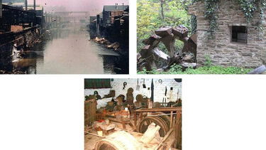 Shepherd Wheel, one of the earliest wheels on the river Porter; waterwheel on the Don in Sheffield; the polluted Don in central Sheffield.