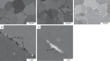 A set of five images showing microscope imaging of a variety of alloys