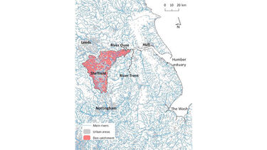 The location of the Don catchment in eastern England on a map.