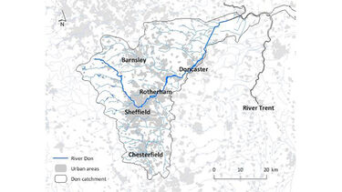 The main urban areas within the Don catchment on a map.