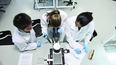 Three bioengineering students working around a microscope and taking notes