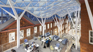 The interior of the Engineering Heartspace taken from the top level looking down over the work space