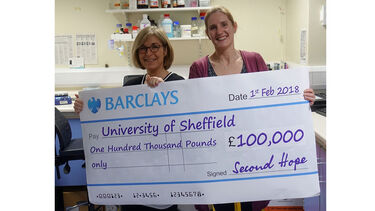 Ingunn Holden and Penelope Ottwell holding a cheque for £100,000 awarded from Second Hope