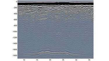 Graph showing the radar X-section of Kamb Ice Stream, showing undulating layers in ice ~1800 m deep