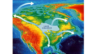 Thermal map showing the possible route of outburst floods from pro-glacial Lake Aggassiz. Work in McKenzie Delta showed for the first time evidence for the Northern route at just before the start of the Younger Dryas (Murton et al 2010).