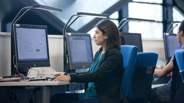An image of a student at a computer in The Diamond