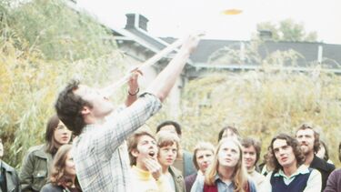 Drinking a yard of ale in the Students' Union garden