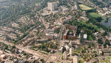 An aerial photo of campus from the 1990s