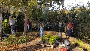 People standing round  green barrier and tree outside school