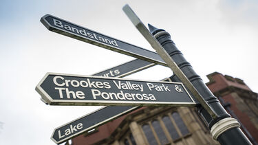 Signpost in Weston park showing directions to the bandstand, lake and other Sheffield parks