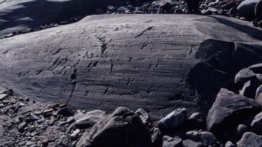 A roches moutonée, glacially eroded and streamlined bedrock.