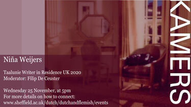 Cover of novel and details of literary event 25 november