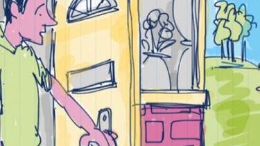 A cartoon drawing of a man opening a door