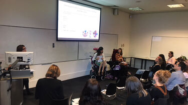 A seminar room with presentation