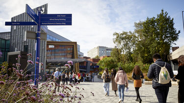 Students walking across the concourse towards Sheffield Students' Union