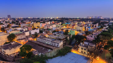 A city scape at dusk
