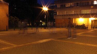 A long exposure photograph taken outside a building