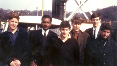 Gerry Ridley, Henry Enahoro, Harry Kroto, Bill Astill, John Reynolds and John Jessop on a tennis team tour of Scottish Universities.