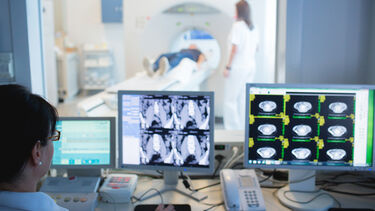 Person looking at scans of the spine on a computer.