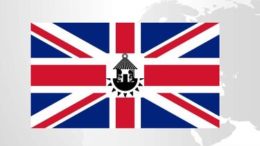 Logo for the exhibition on a Union Jack background