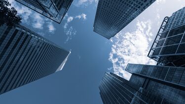 Looking up through the skyscrapers at Canary Wharf, London