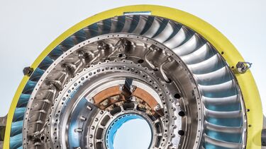 Trent XWB-97 flying test bed engine front bearing housing. Showing 3d printed core inlet vane assembly