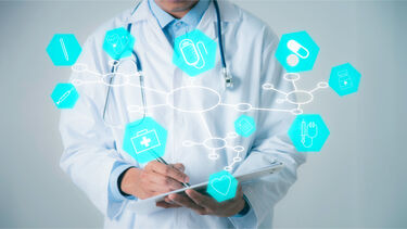 Man in white lab coat with blue medical image graphics