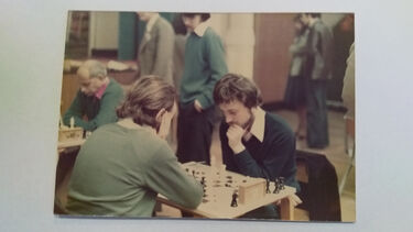 A photograph from the 1970s of two chess players deep in thought