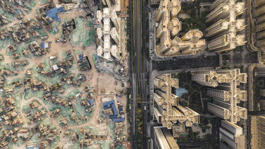 An aerial shot of the city