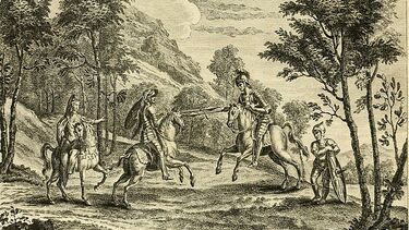 Two knights on horseback in a glad face one another with spears in hand