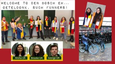 A collage of images of students with scarfs