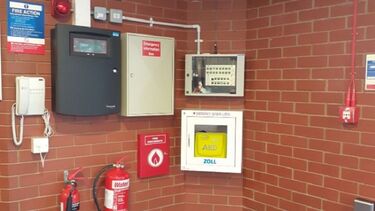 A photo of the Octagon showing the location of a defibrillator.