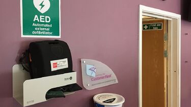 A close-up of the automated external defibrillator in The Edge.