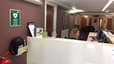 A photo of Halifax Hall showing the location of a defibrillator.