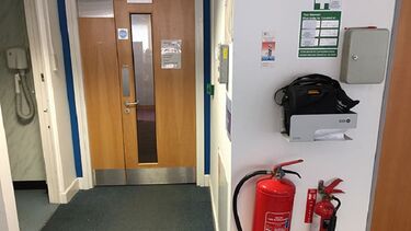 A close-up of the automated external defibrillator in New Spring House.