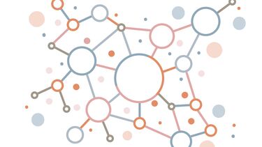 Circles of different colours linked with lines in different colours.